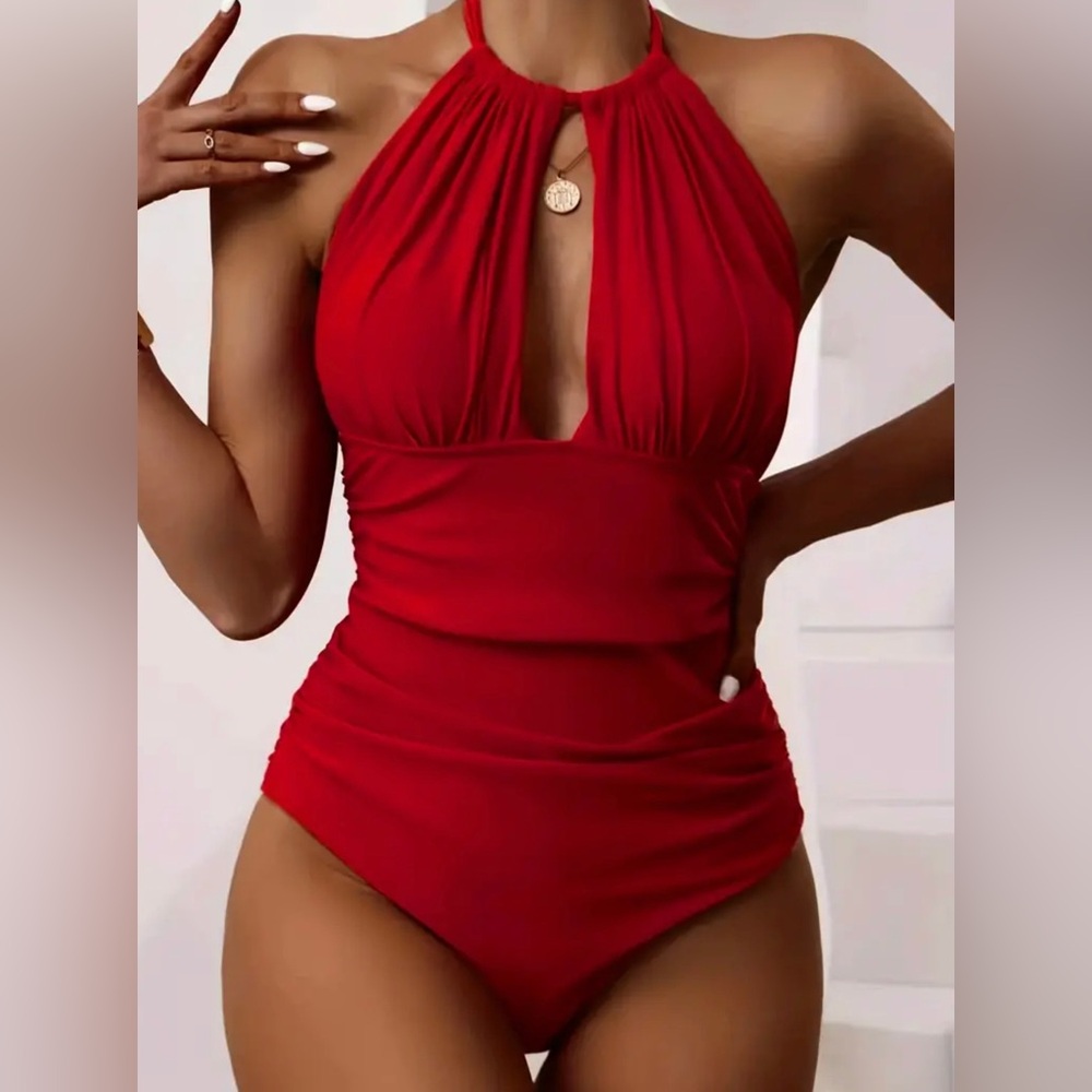Solid Color Hollow Out Ruched One-piece Swimsuit, Halter Backless Stretch